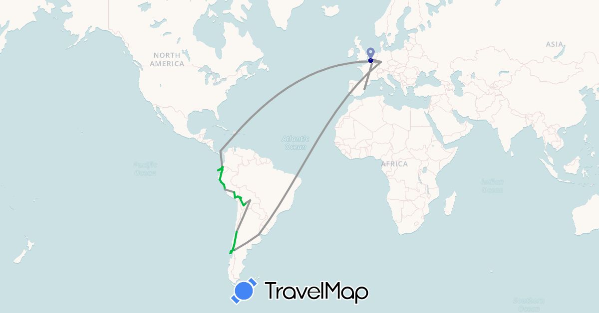 TravelMap itinerary: driving, bus, plane, hiking in Argentina, Belgium, Bolivia, Chile, Germany, Ecuador, Spain, France, Panama, Peru (Europe, North America, South America)